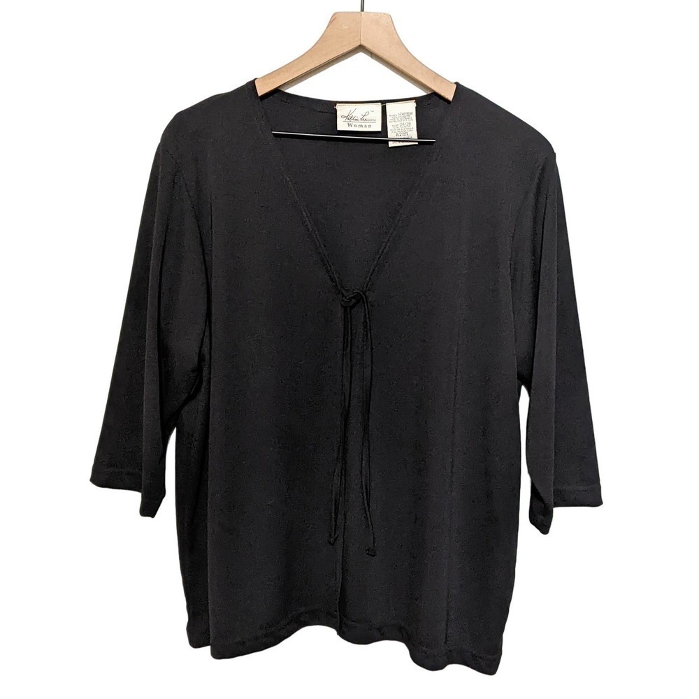 Vintage Kathie Lee Womens Tie Front Blouse Top Size 14W/16W Black 3/4 Sleeve